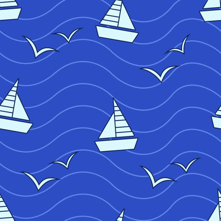 Pattern of a white sailboat and seagulls on a blue sea with waves.のイラスト素材