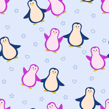 Seamless Pattern Two cute penguin boy and girl hold hands, vector illustration of a cartoon sea animalのイラスト素材