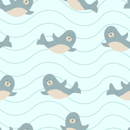 Seamless Pattern Cute cartoon set character, vector illustration of a sea animal on a sea background with wavesのイラスト素材