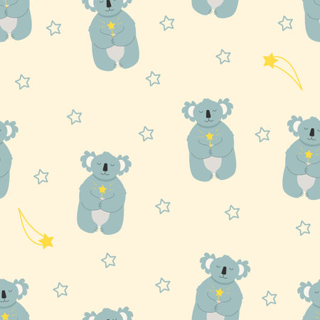 Seamless pattern Cute cartoon character koala on a cloud with a magic wand dreams. Vector illustrationのイラスト素材