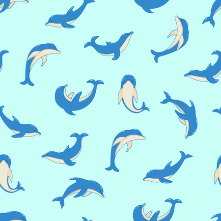 Seamless Pattern Set of cartoon dolphins in different poses, vector illustration of marine animals. Painted dolphins swimのイラスト素材
