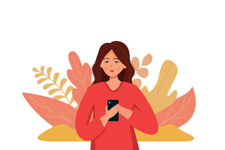 Young trendy girl is stand with a phone in her hands with nature and abstract leaves. Communication by phone, freelance work. Vector cartoon character illustrationのイラスト素材