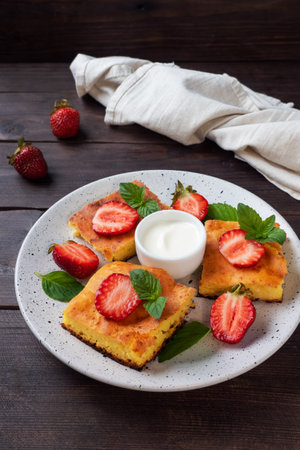 Cottage cheese casserole with strawberries and mint. Delicious homemade dessert made of curd and fresh berries with cream dark wooden background, copy spaceの写真素材