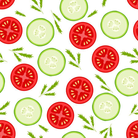 Seamless pattern of fresh slices of tomato cucumber and greens, vector illustration of the concept of a healthy salad vitaminsのイラスト素材