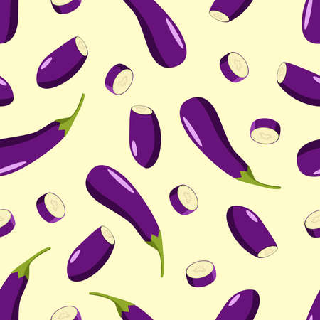 Seamless pattern Eggplant whole and half. Vector illustration of ripe vegetablesのイラスト素材