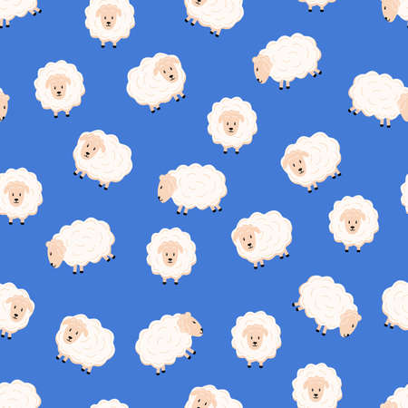 Seamless pattern of cute cartoon sheep in different poses flat styleのイラスト素材
