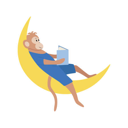A cartoon monkey sits on the moon and reads a book. Concept Good Night, a bedtime story. Vector illustrationのイラスト素材
