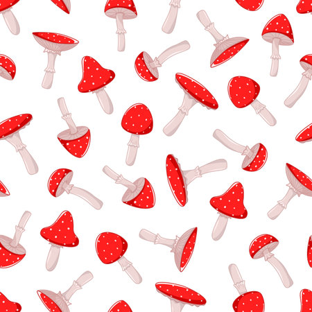 Seamless pattern of poisonous mushroom fly agarics, cartoon backgroundのイラスト素材