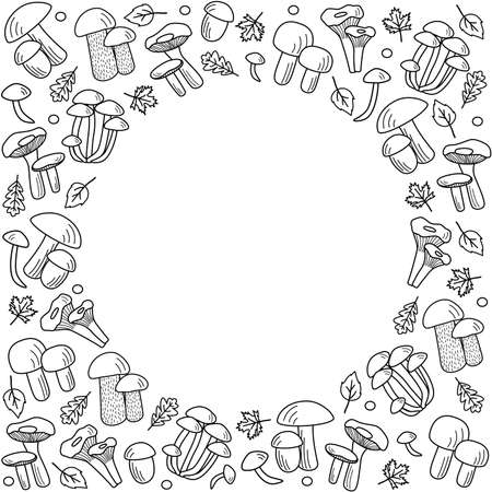 Doodle style mushroom icons vector. Illustration of boletus, chanterelles, honey agaric, champignons, aspen mushroom and russulaのイラスト素材