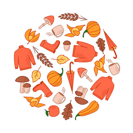Autumn set of elements, fall vector objects, doodle styleのイラスト素材