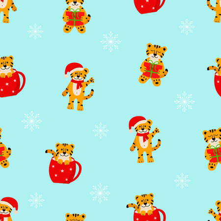 Seamless pattern of Christmas tiger, cute cartoon symbols of the year. Vector illustration, the concept of Christmas and New Yearのイラスト素材