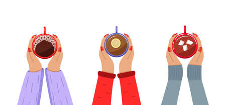 Women hands hold a cup of coffee, of hot chocolate with marshmallows, of hot tea with lemon. Top view. Vector illustrationのイラスト素材
