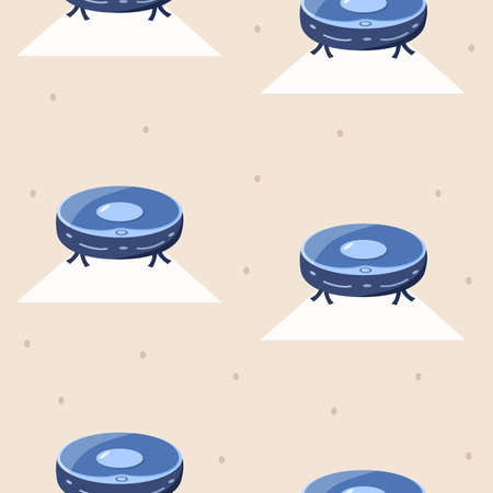 Robot vacuum cleaner vector illustration of modern home appliances. Seamless pattern of vacuuming and carpet cleaningのイラスト素材