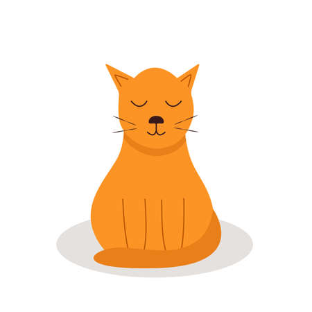 Funny cartoon red cat is sitting with his eyes closed with pleasure. Vector illustration of a petのイラスト素材