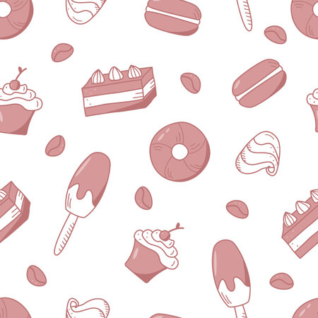Seamless pattern of sweets and desserts. Vector background with elements of ice cream cupcake donuts candyのイラスト素材