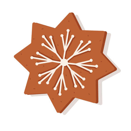 Christmas gingerbread in the form of a snowflake. Delicious New Year's dessert, festive curly cookies with icingのイラスト素材