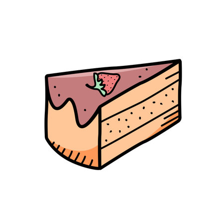 Sweet chocolate cake with strawberry berries, vector illustration of doodle style