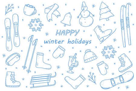 New Year and Christmas elements in the doodle style. Vector illustration of winter clothing, sports equipment, spruce, food and drinks. Winter vacation iconsのイラスト素材