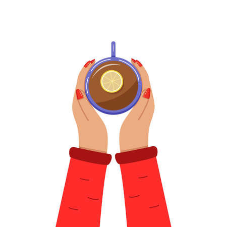 Women hands hold a cup of hot tea with lemon. Top view. Vector illustration.のイラスト素材