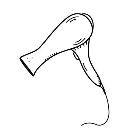 Hair dryer, vector illustration of an electric hair dryer device, professional hair care, to create a stylish hairstyle or styling. Doodle icon isolated on whiteのイラスト素材
