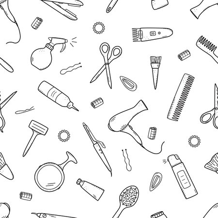 Seamless pattern of hairdressing elements. Vector illustration of doodle icons background, wallpaper. The concept of a hairdressing salon and a beauty salonのイラスト素材