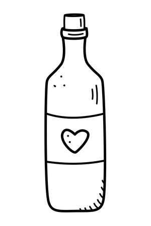 A bottle of wine with a heart on the label. Doodle vector illustration, Valentine s day holiday sticker iconのイラスト素材