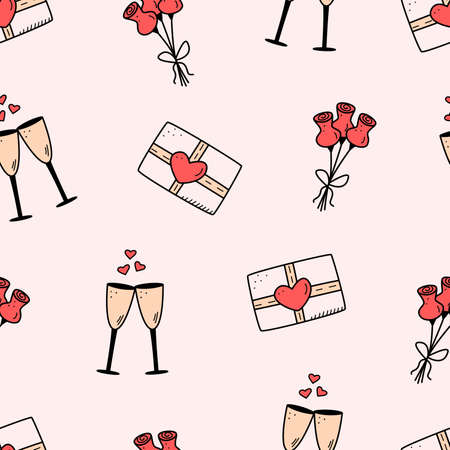 Seamless pattern icons concept of Valentine s day. Vector doodle elements flowers gift glasses wine heartsのイラスト素材