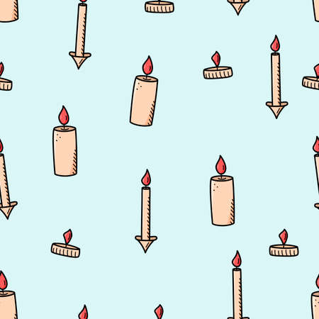 Seamless pattern icons concept of Valentine s day. Vector doodle romantic accessories a set of burning candles in candlesticksのイラスト素材