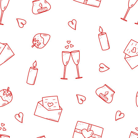 Seamless pattern icons concept of Valentine s day. Vector doodle romantic accessories candles hearts ring bottle and glasses of wine, strawberry chocolate gift lipsのイラスト素材