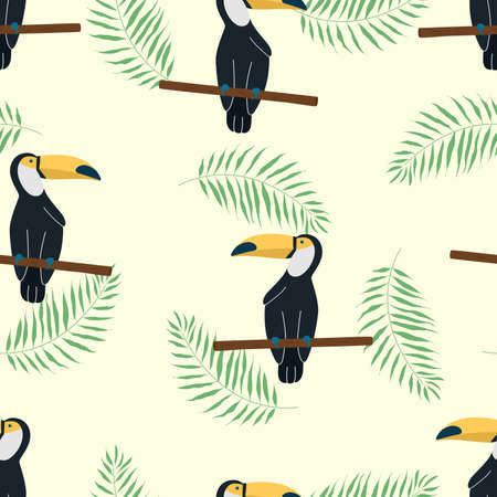 Seamless cartoon toucan pattern and tropical palm leaves. Jungle and birds background Vector illustration print for textiles, wallpaper, packaging.のイラスト素材
