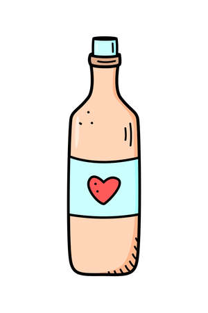 A bottle of wine with a heart on the label. Doodle vector illustration, Valentine s day holiday sticker iconのイラスト素材