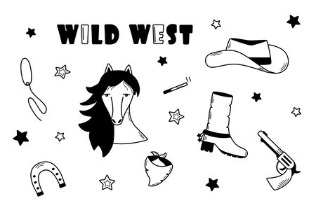 Wild West set of vector illustrations. Cowboy western elements of doodle. Horse head, horseshoe, pistol, lasso, boots and hatのイラスト素材