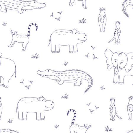 Seamless pattern with cute cartoon animals of Africa. Vector illustration background, wallpaper hippo crocodile elephant meerkat lemur and birdsのイラスト素材