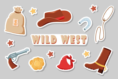Stickers Wild West set of vector illustrations. Cowboy western elements icon. hat, neckerchief, boots, lasso, horseshoe, bag and money, pistol and cigaretteのイラスト素材