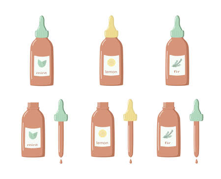 A set of essential or cosmetic oils in a glass bottle of lemon, fir and mint, pipette with a drop. Vector illustration, skincare conceptのイラスト素材
