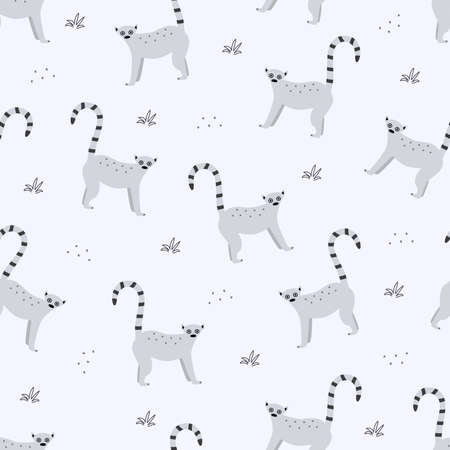Seamless pattern with cartoon lemur, funny cute animals of Africa monkeys lemur. Background, wallpaper for printing on clothing packagingのイラスト素材