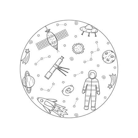 Cosmos doodle is a set of vector illustrations in the circle. Icons of space elements rocket cosmonaut stars satellite telescope cometのイラスト素材