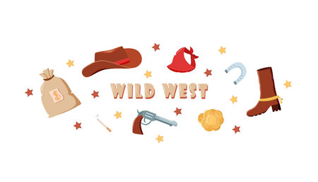 Wild West set of vector illustrations. The inscription Wild West. cowboy western elements icon. hat, neckerchief, boots, lasso, horseshoe, bag and money, pistol and cigaretteのイラスト素材