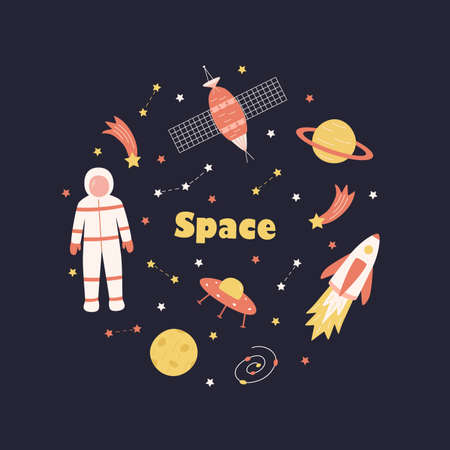 Cosmos doodle is a set of vector illustrations. Icons of space elements rocket cosmonaut stars satellite telescope cometのイラスト素材