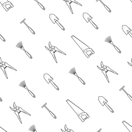 Seamless pattern tools for the garden. Vector illustration of a shovel, hoe, rake, hand saw and prunerのイラスト素材