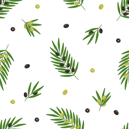 Seamless pattern of olive tree twigs and leaves and olive berries. Vector illustration, background or wallpaperのイラスト素材