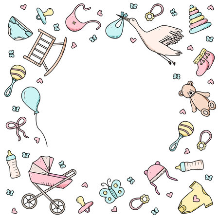 newborn icons set. Vector illustration of elements for a little baby. baby stroller, baby work, rattles and teddy bear and much moreのイラスト素材