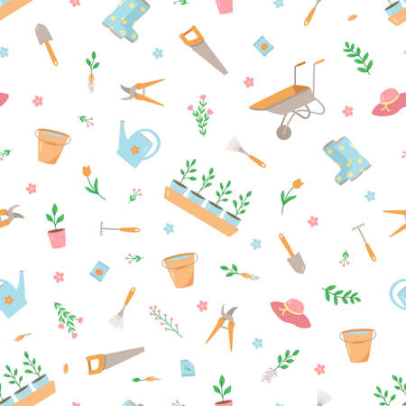 Seamless pattern Garden tools and plants, a set of vector doodle illustrations. Concept gardening, a summer hobbyのイラスト素材