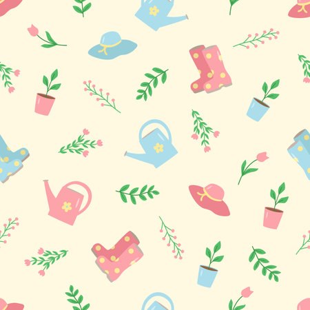 Seamless pattern concept of relaxing in the garden, summer hat rubber boots, seedlings, flowers and butterflies vector doodle illustrations.のイラスト素材