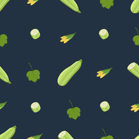 Seamless Pattern Zucchini whole and cut, zucchini flowers and leaf. Vector illustration of vegetables, a set of harvest courgetteのイラスト素材