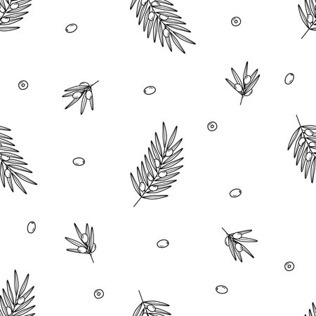 Seamless pattern of olive tree twigs and leaves and olive berries. Vector illustration, background or wallpaperのイラスト素材