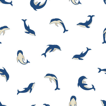 Seamless Pattern Set of cartoon dolphins in different poses, vector illustration of marine animals. Painted dolphins swimのイラスト素材