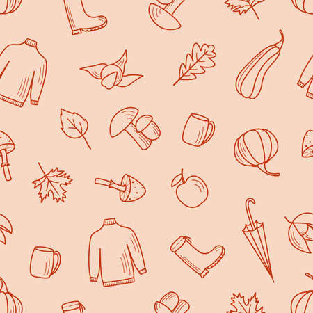 Seamless pattern of autumn set of items, vector wallpaper doodle style fall moodのイラスト素材