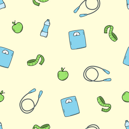 Concept diet and fitness or healthy lifestyle. Seamless pattern vector illustration of sports jumpers, scales, apple and centimeterのイラスト素材