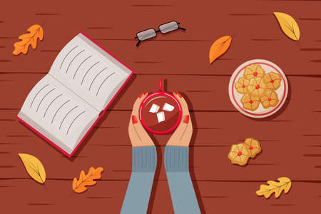 Autumn flat lay background, female hands holding a cup of hot chocolate, cookies, glasses and a book. Cozy fall concept. vector illustrationのイラスト素材